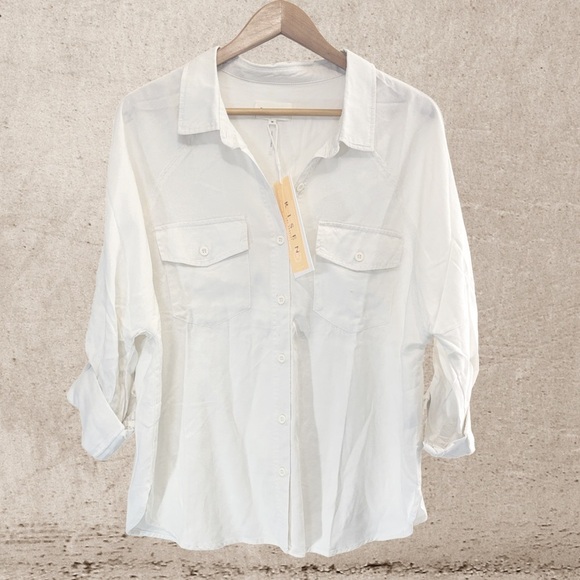 Risen Jeans Tops - White Flutter Sleeve Button Down Shirt with Notched Collar